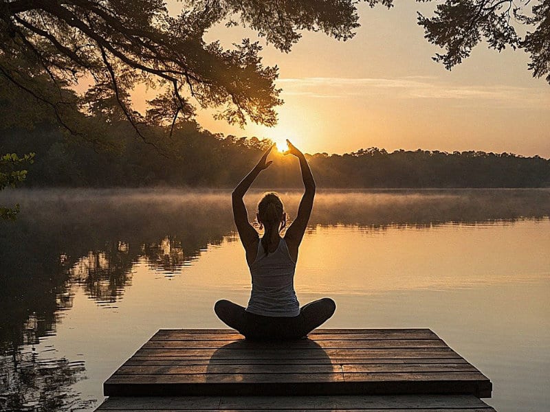 eine Frau macht eine Yogaübung auf einen Steg bei Sonnenaufgang